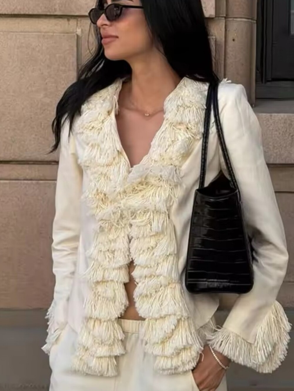Women's Cream Fringe-Trim Blazer Jacket